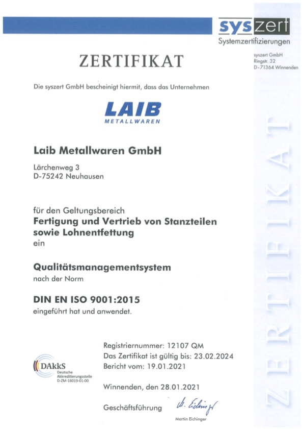 Zertifikat Laib DIN EN ISO 9001:2015